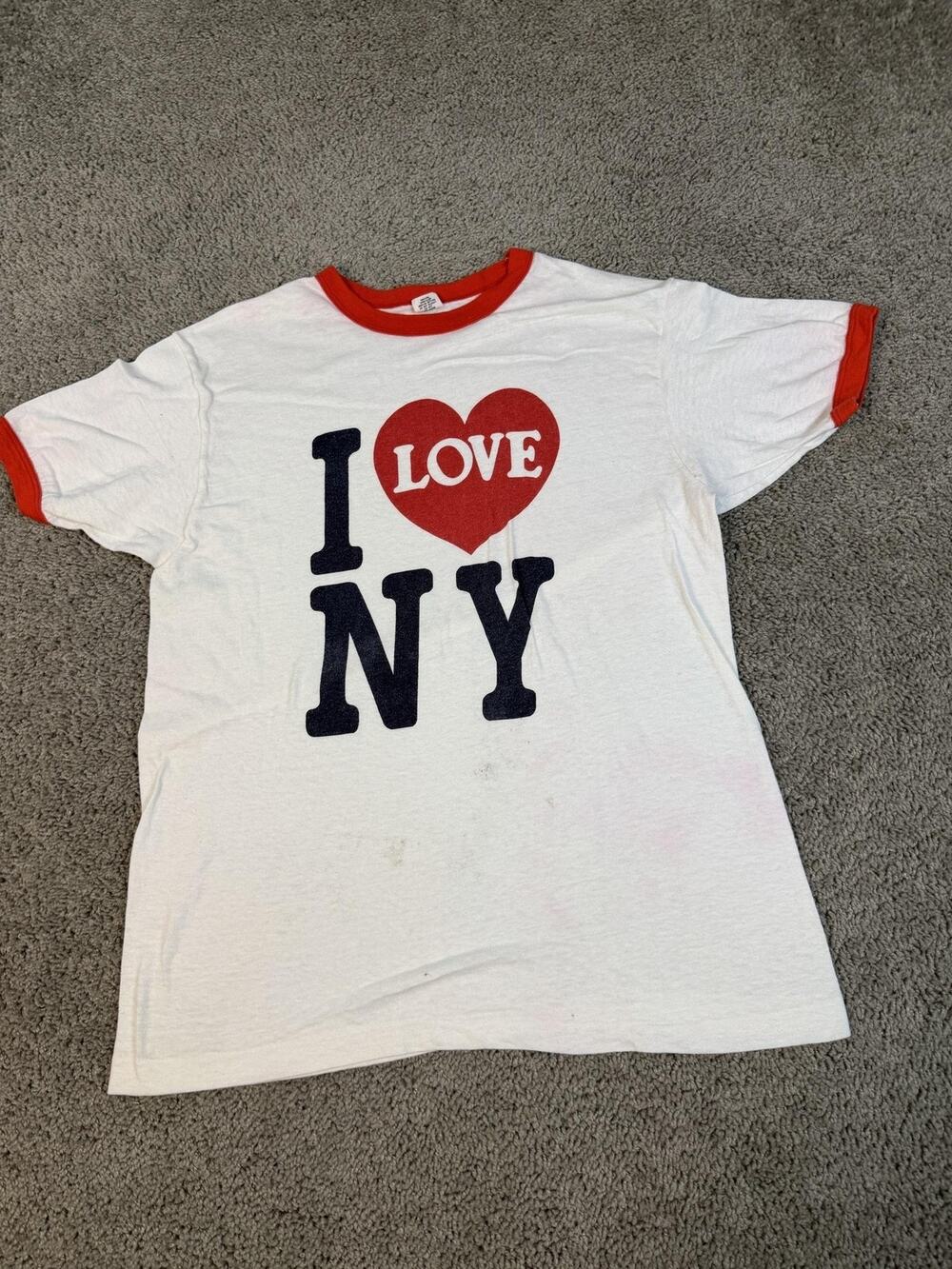 Vintage 70s I Love New York Shirt Mens L White Red Hanes Ringer Short Sleeve